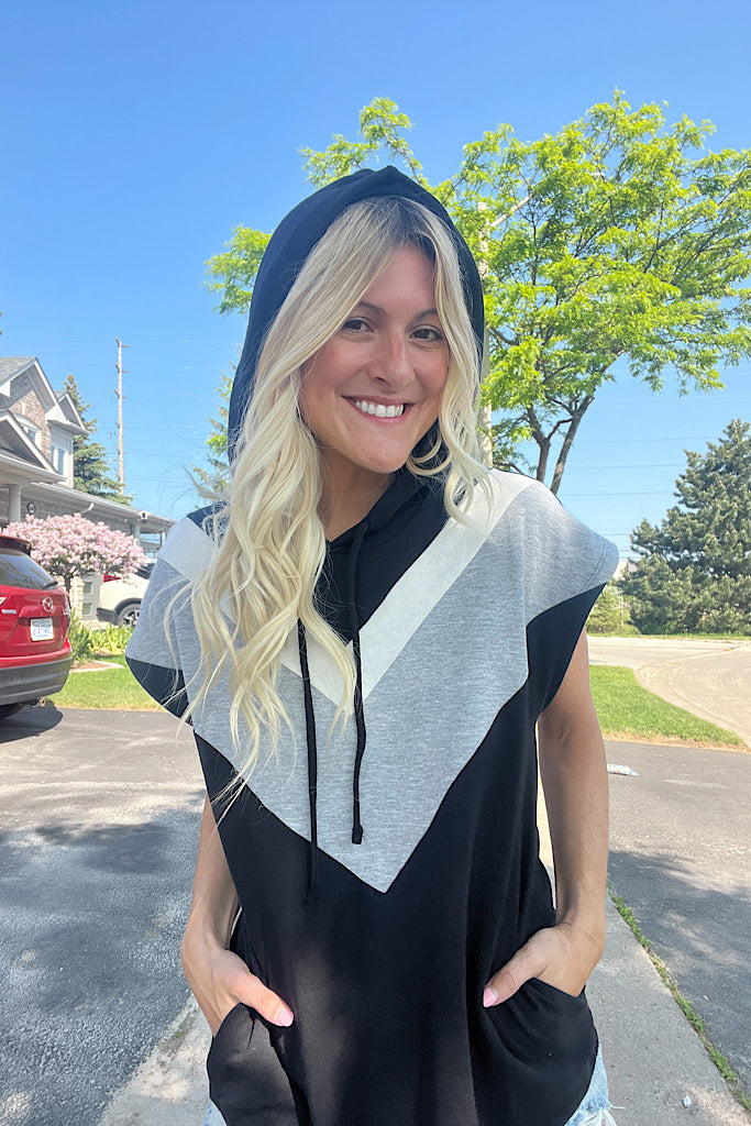 Black chevron Colour Block Hoodie Top