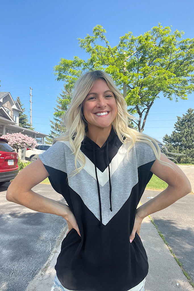 Black chevron Colour Block Hoodie Top