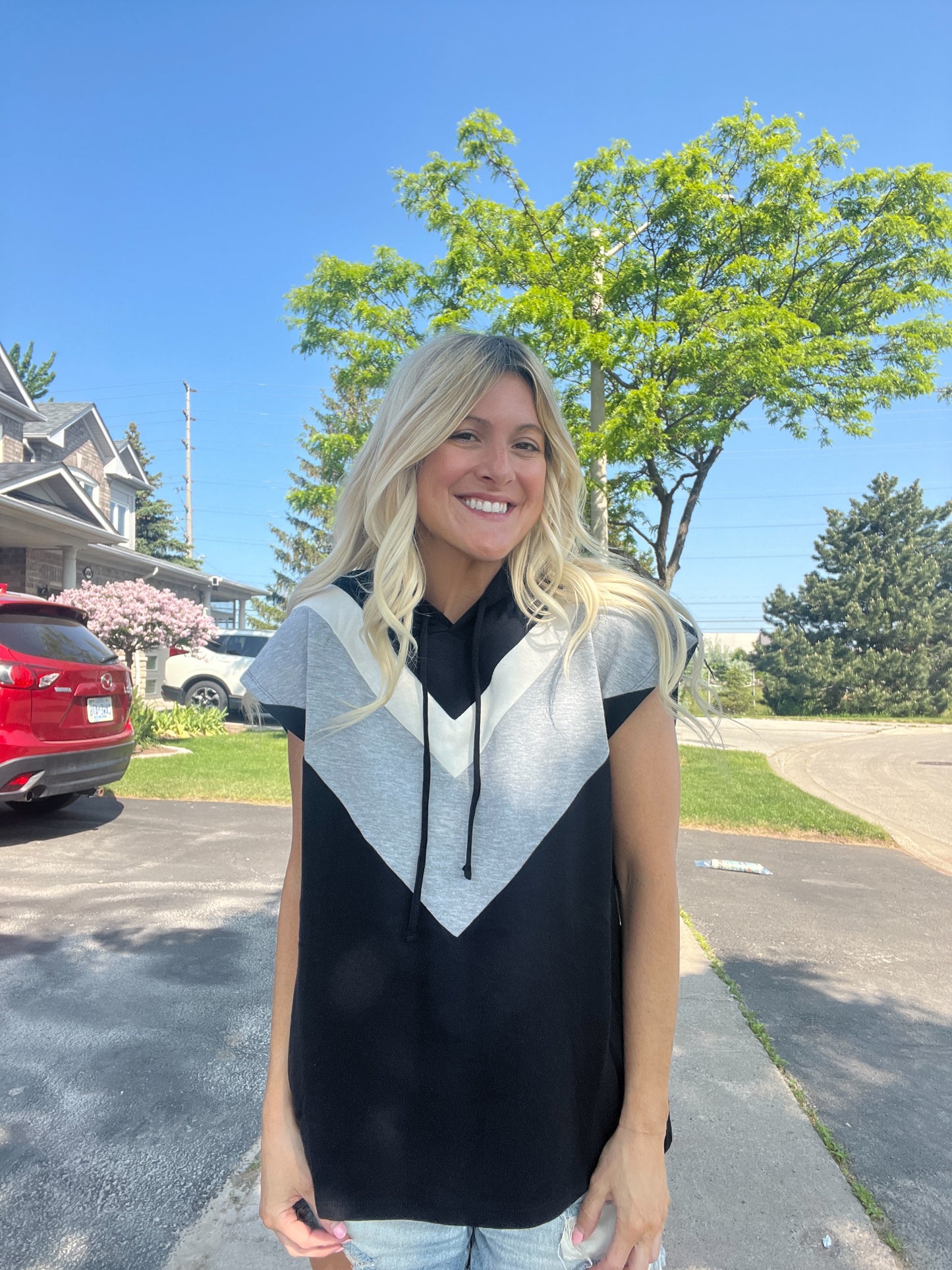 Black chevron Colour Block Hoodie Top