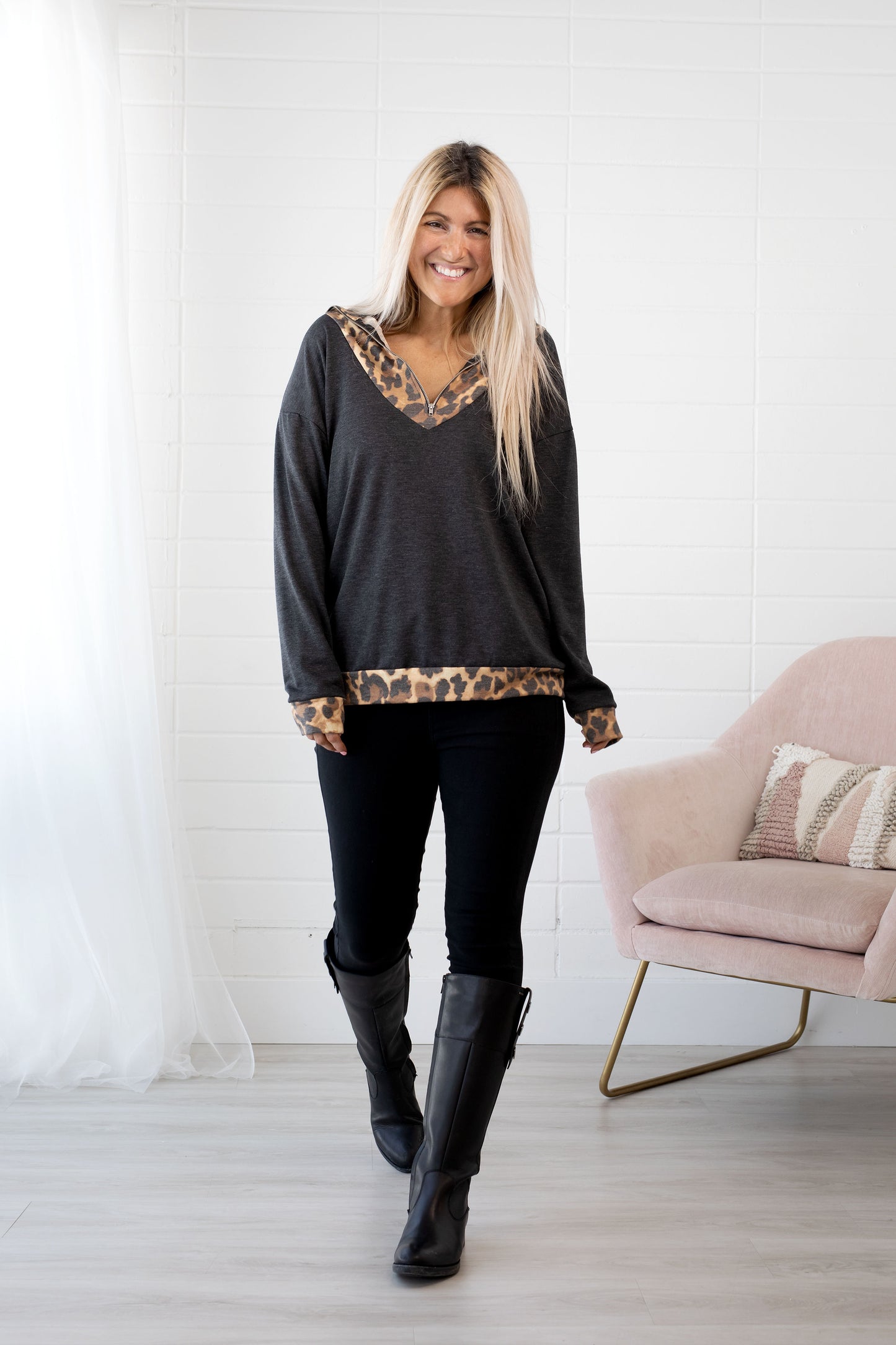 Animal Print Half Zip Contrast Top