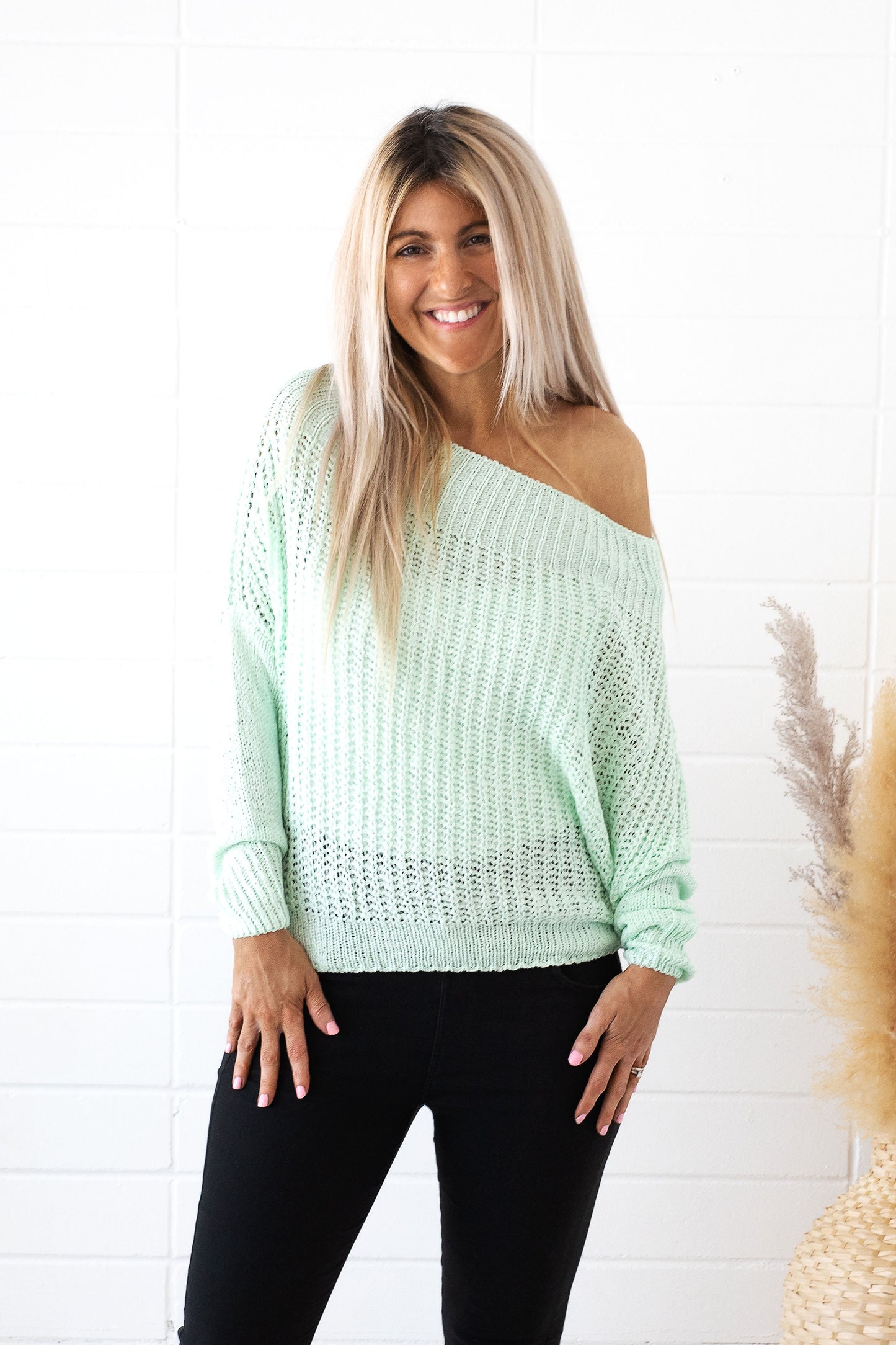 Off One Shoulder Long Sleeve Mint Sweater- Mark Down