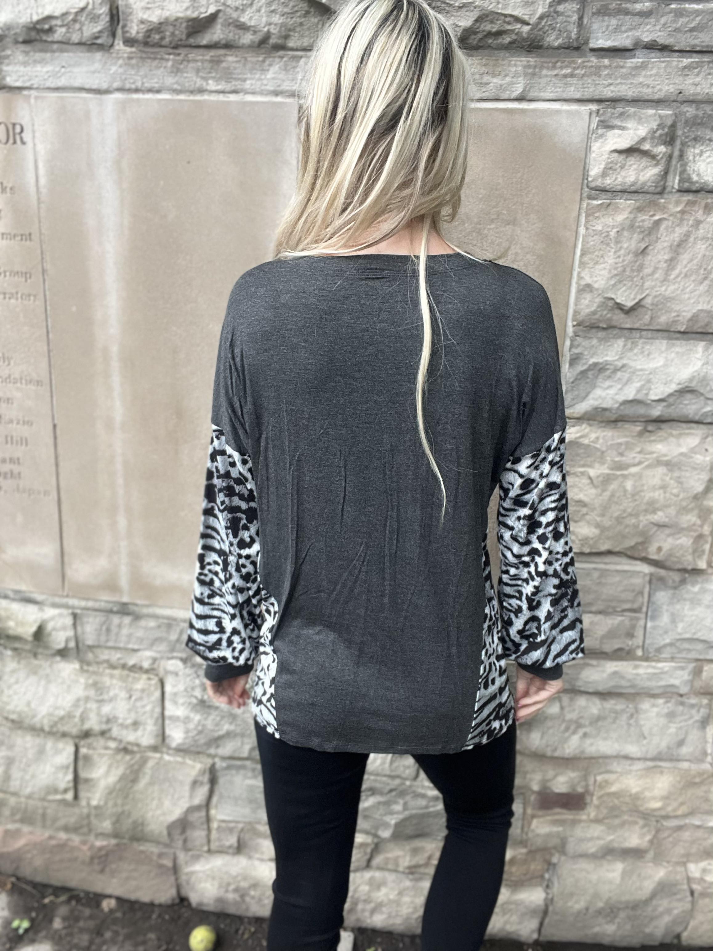 Rachel Grey Animal Print Contrast Top-SALE