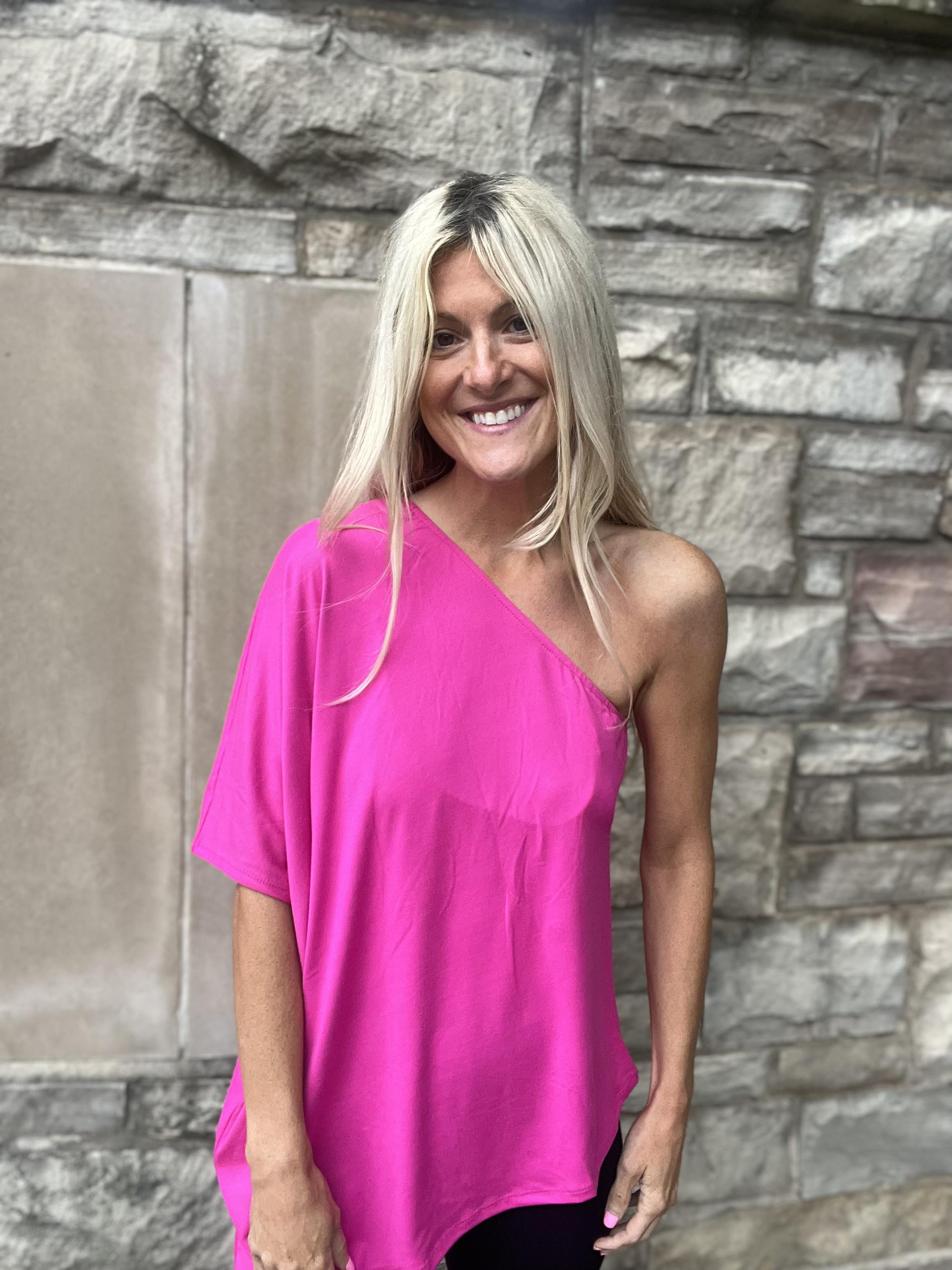 Brianne Off One Shoulder Top-Pink-SALE