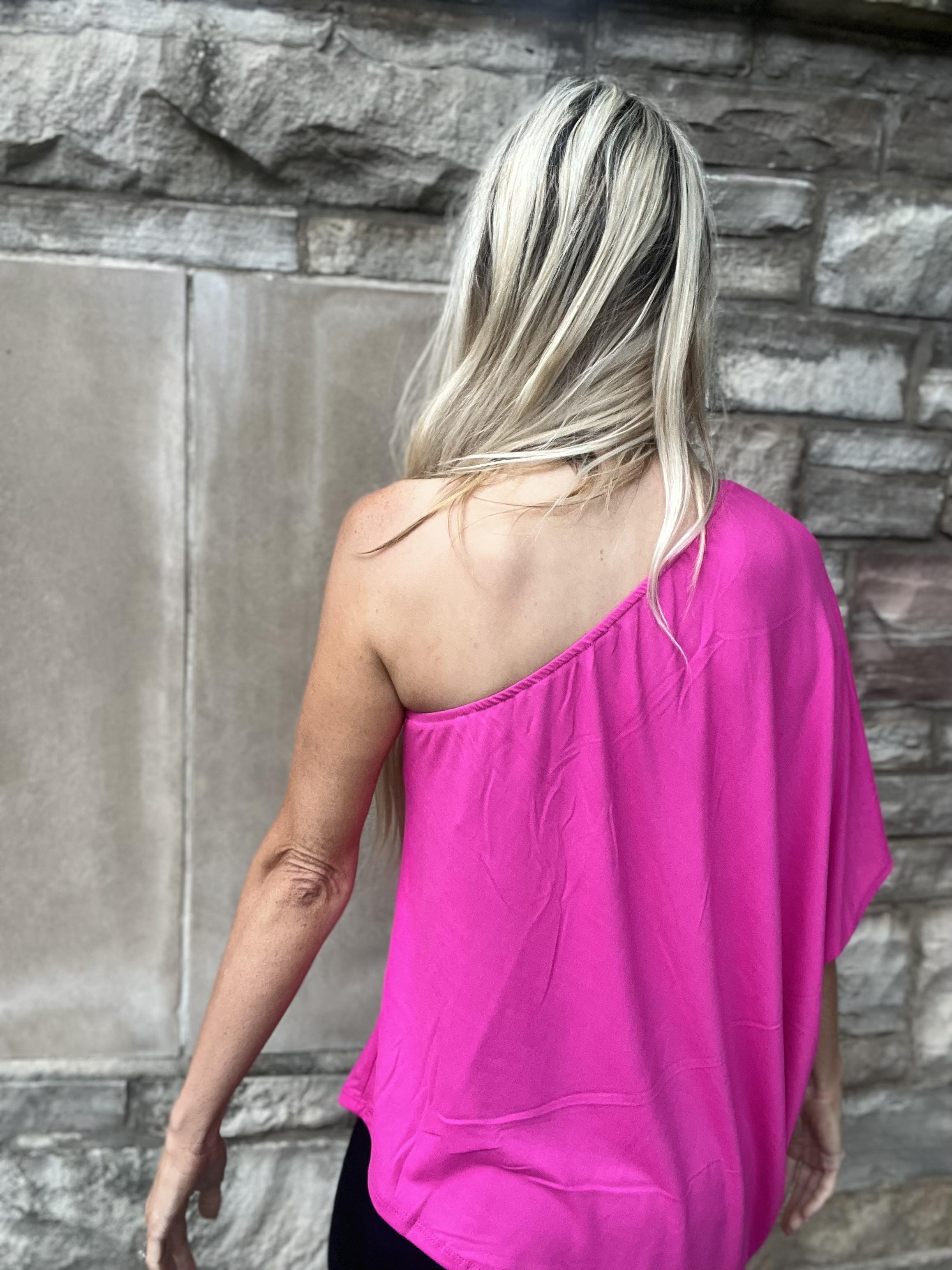 Brianne Off One Shoulder Top-Pink-SALE