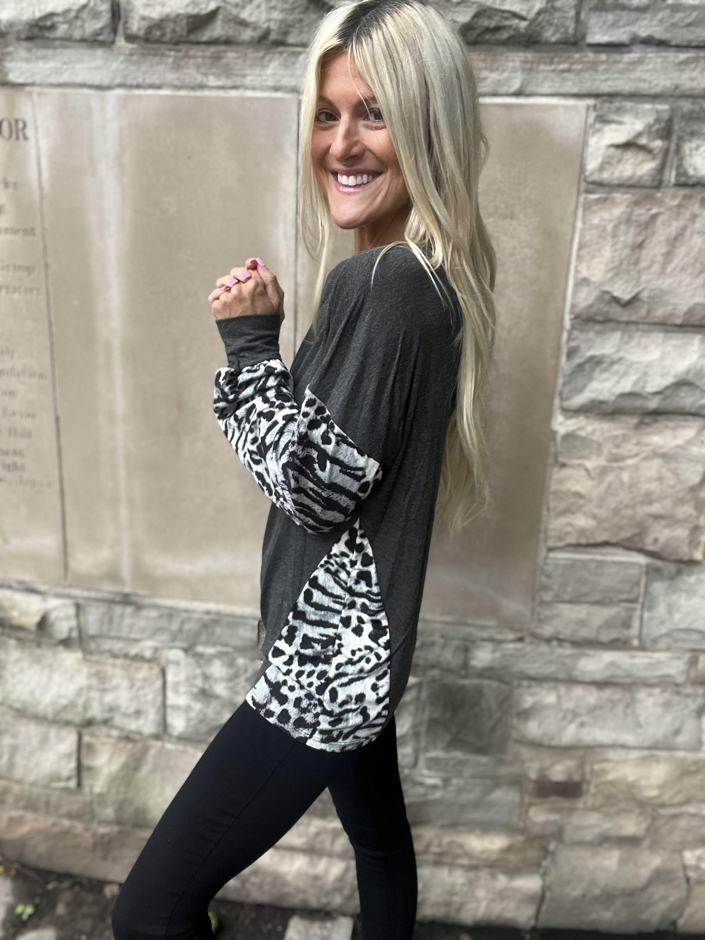 Rachel Grey Animal Print Contrast Top-SALE