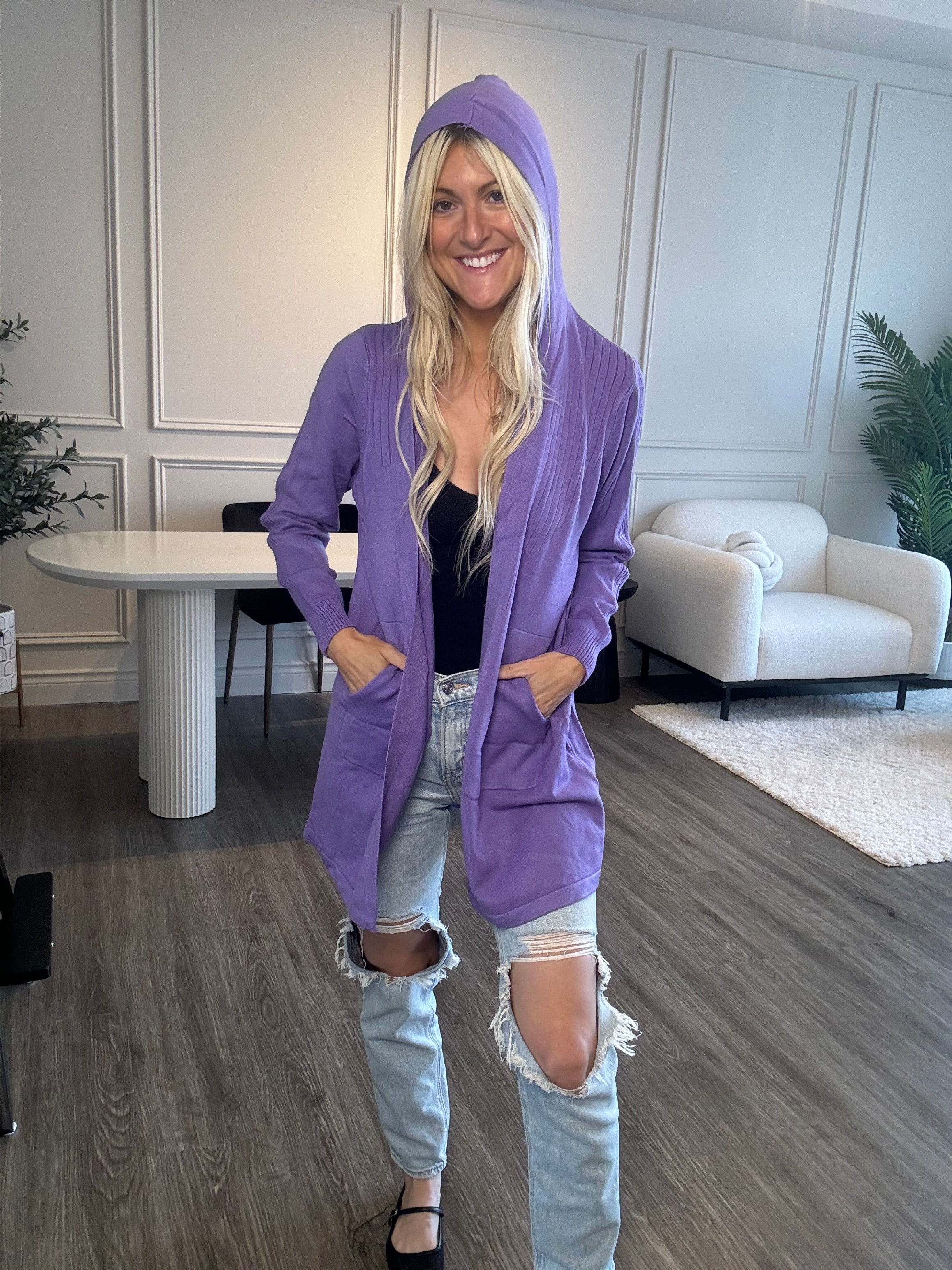 Bella Soft Hooded Knit Cardigan -Purple