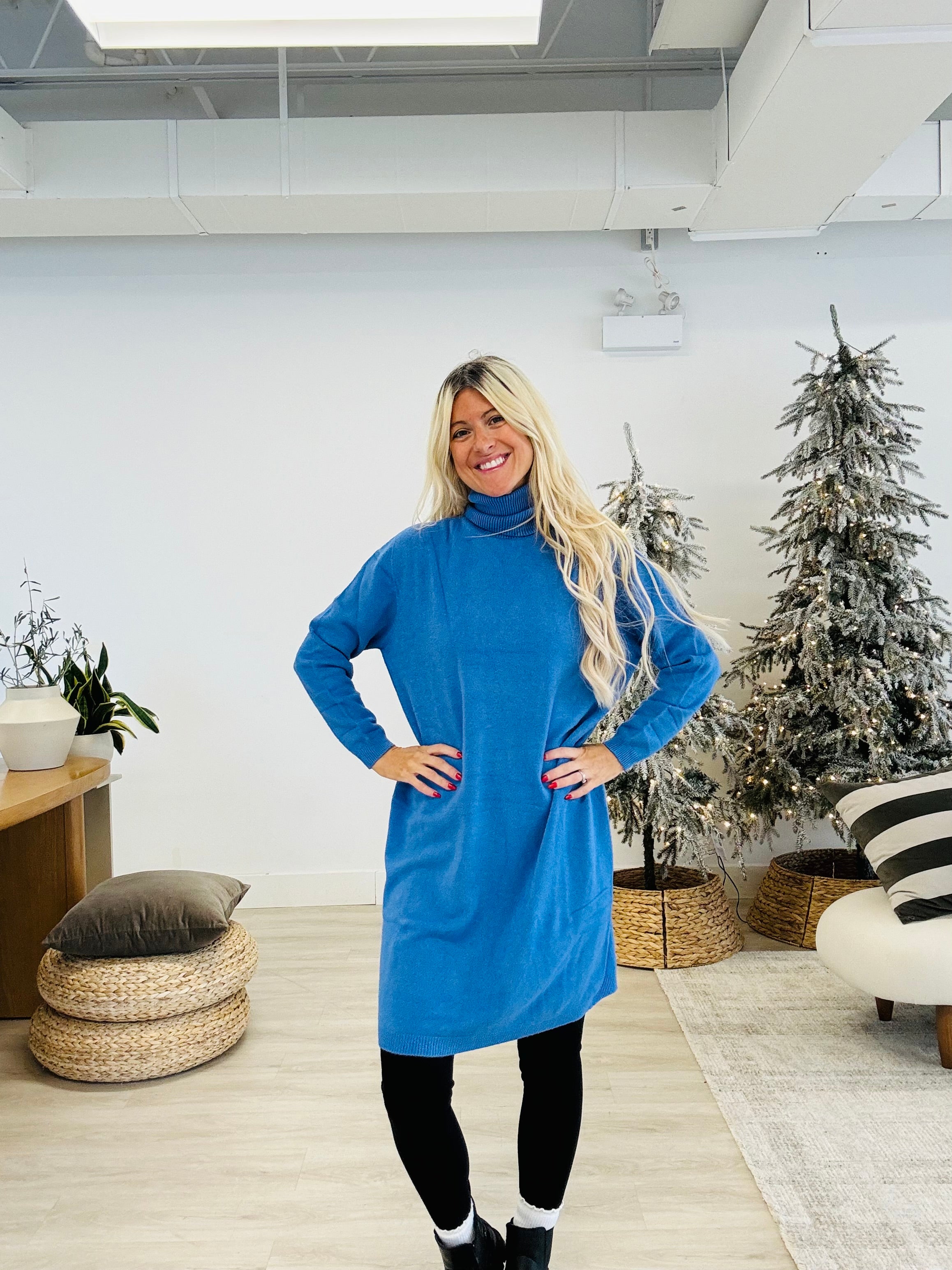 Sia Blue Made in Italy Turtleneck Sweater Dress