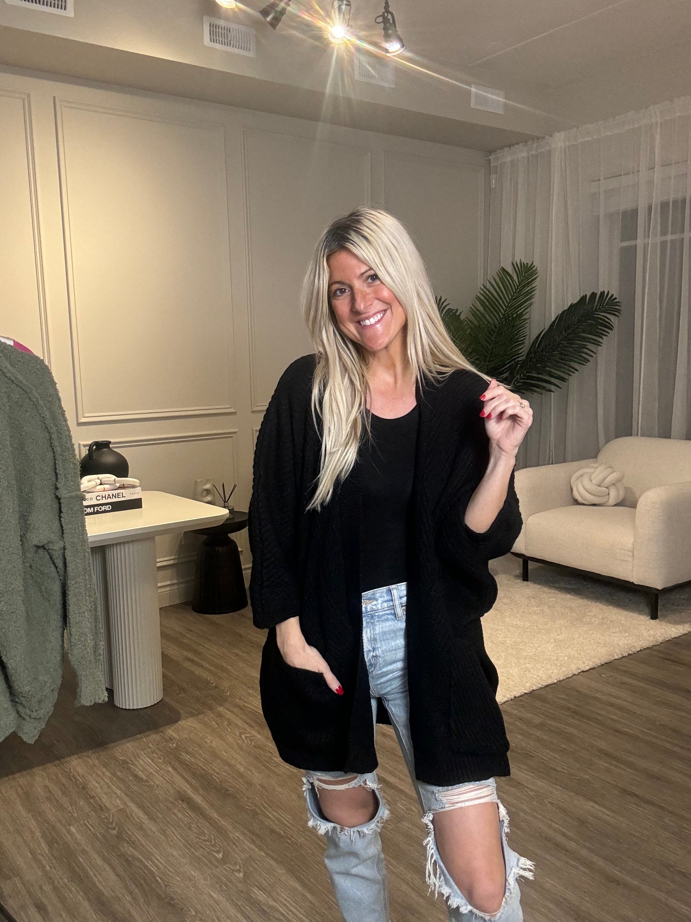 Black Boho Open Pocket Cardigan