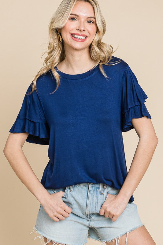 Summer Stunner Ink Blue Ruffle Top