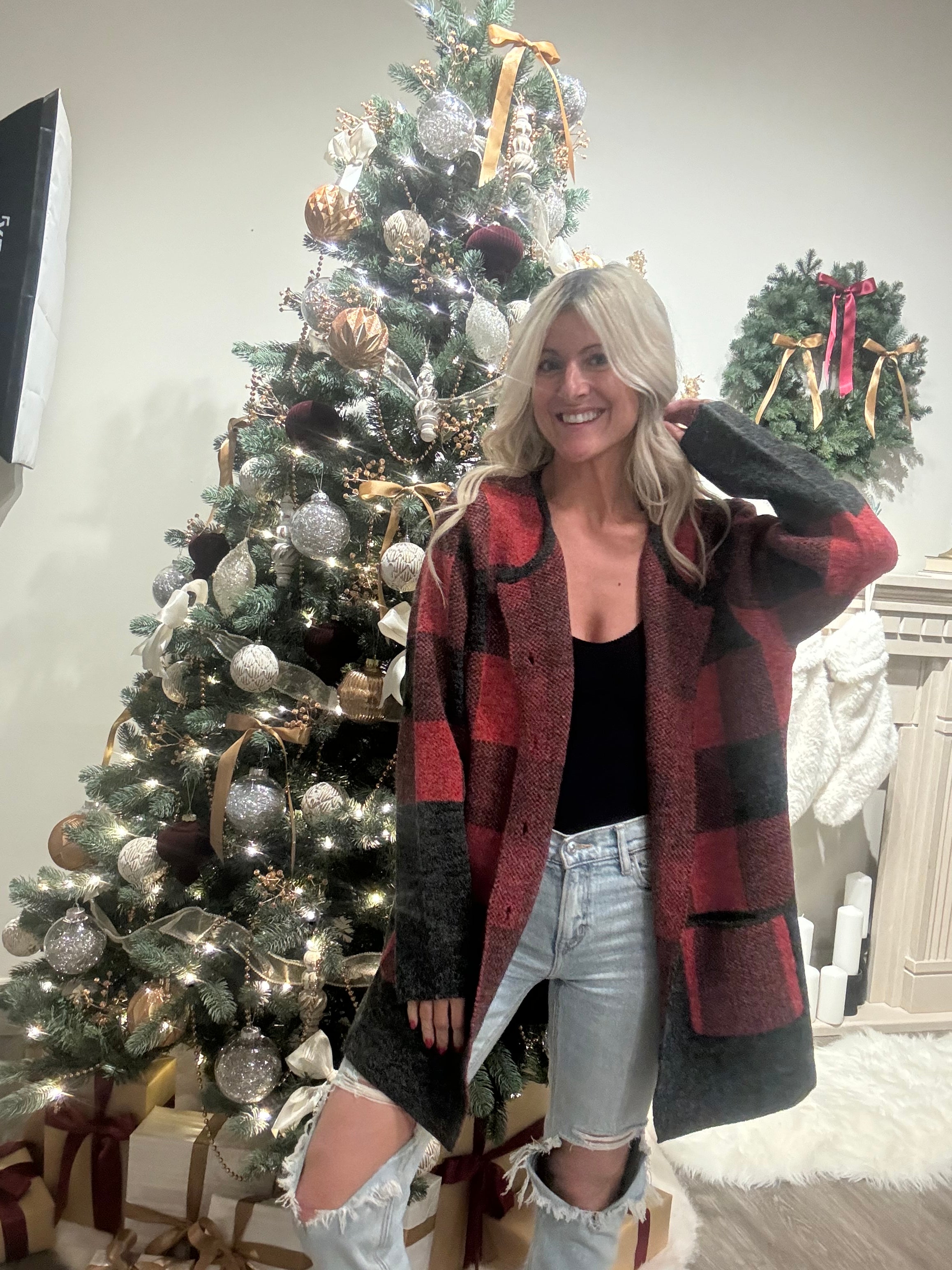 Irene Red and Black Plaid Open Cardigan