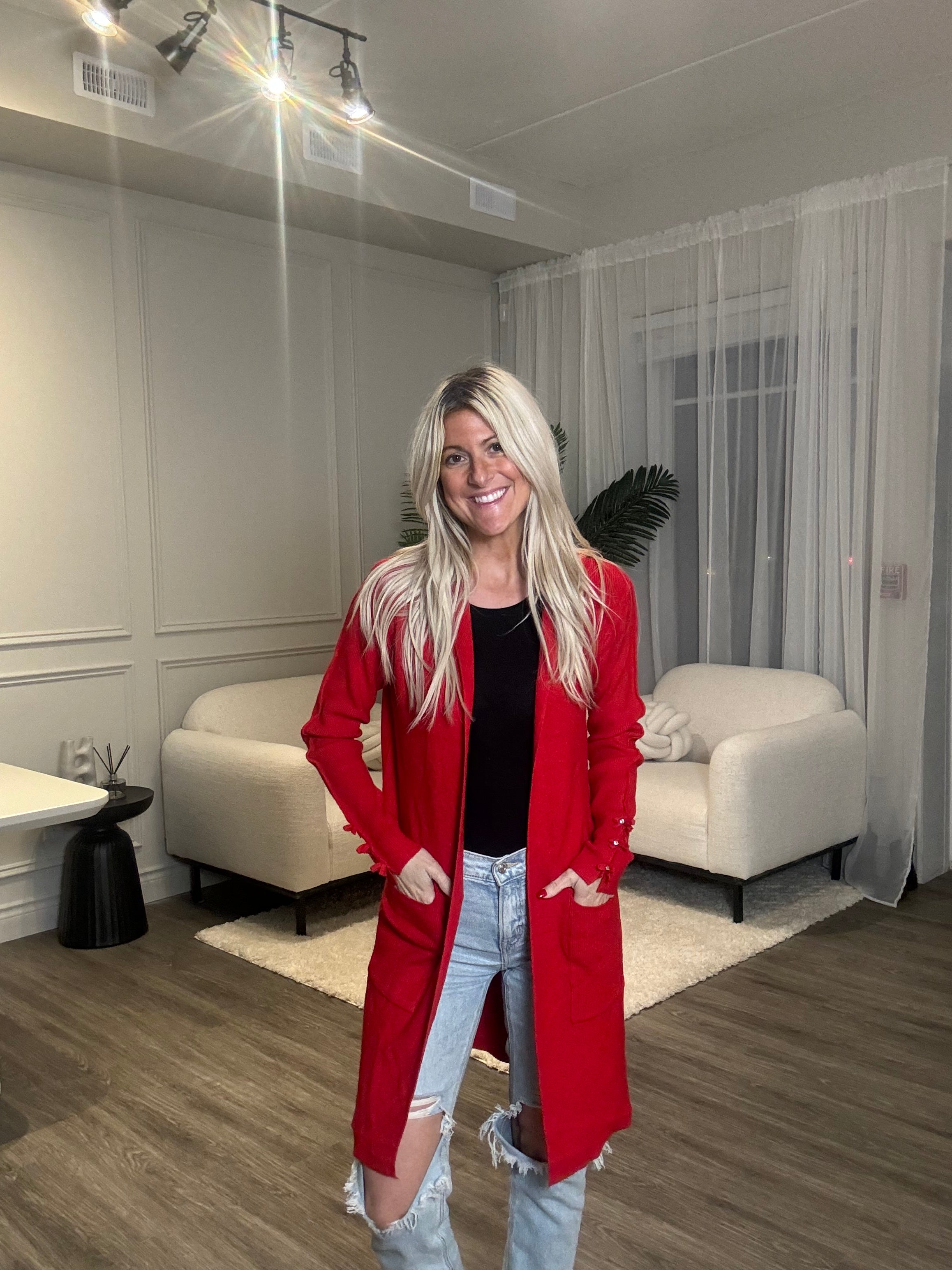 Sweet Trinity Red Sparkle Details Cardigan