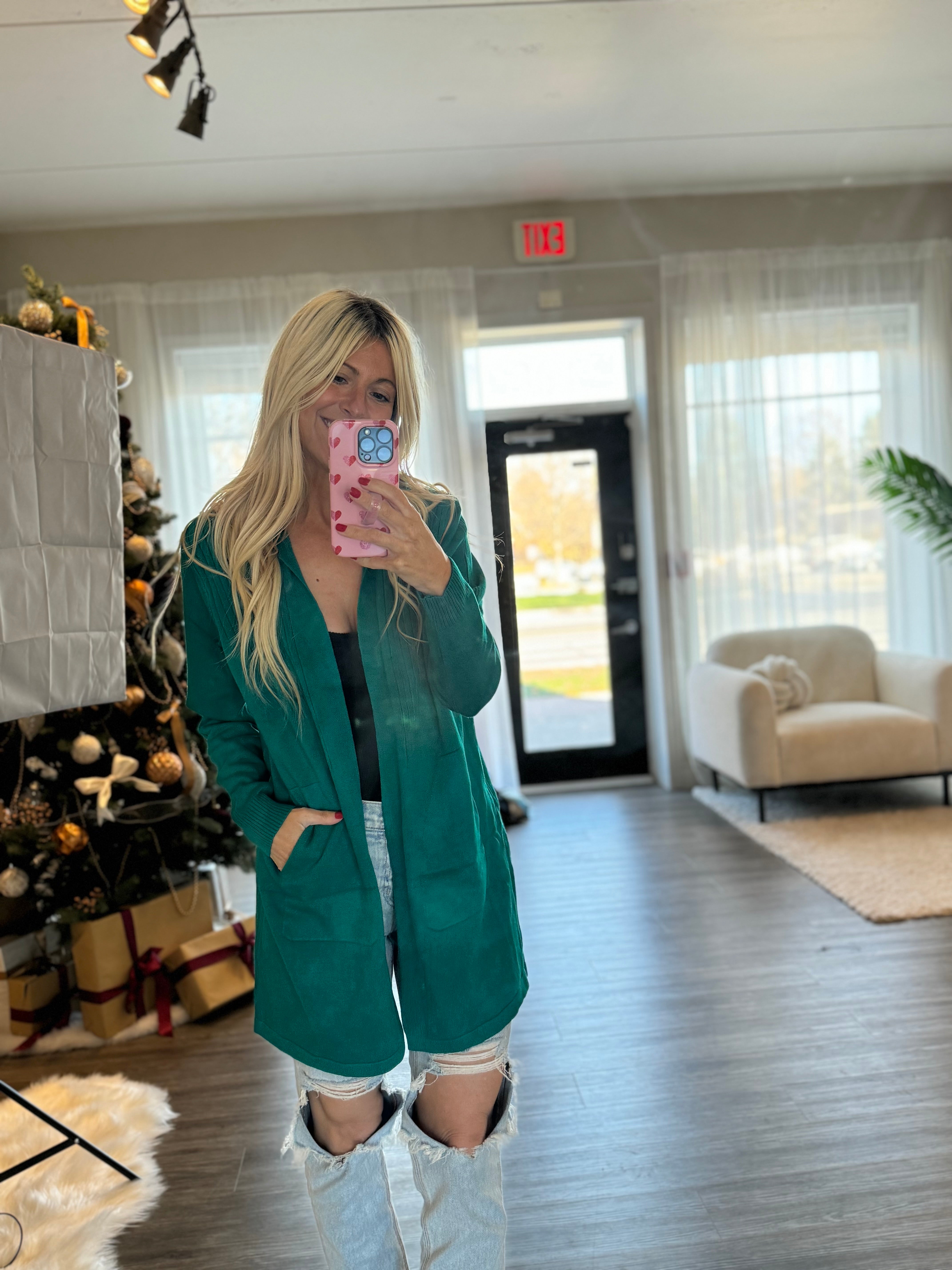 Bella Soft Hooded Knit Cardigan -Teal