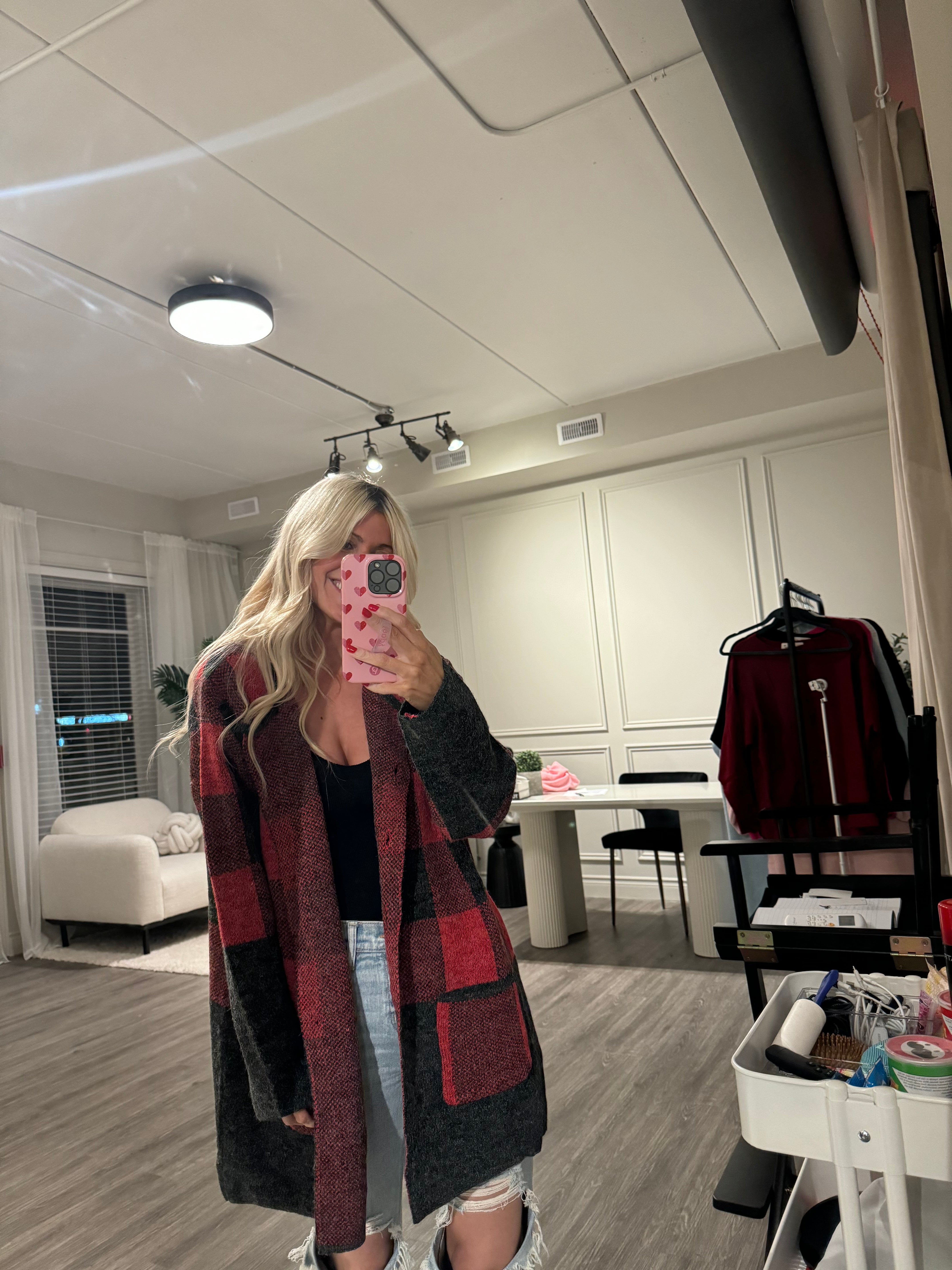 Irene Red and Black Plaid Open Cardigan