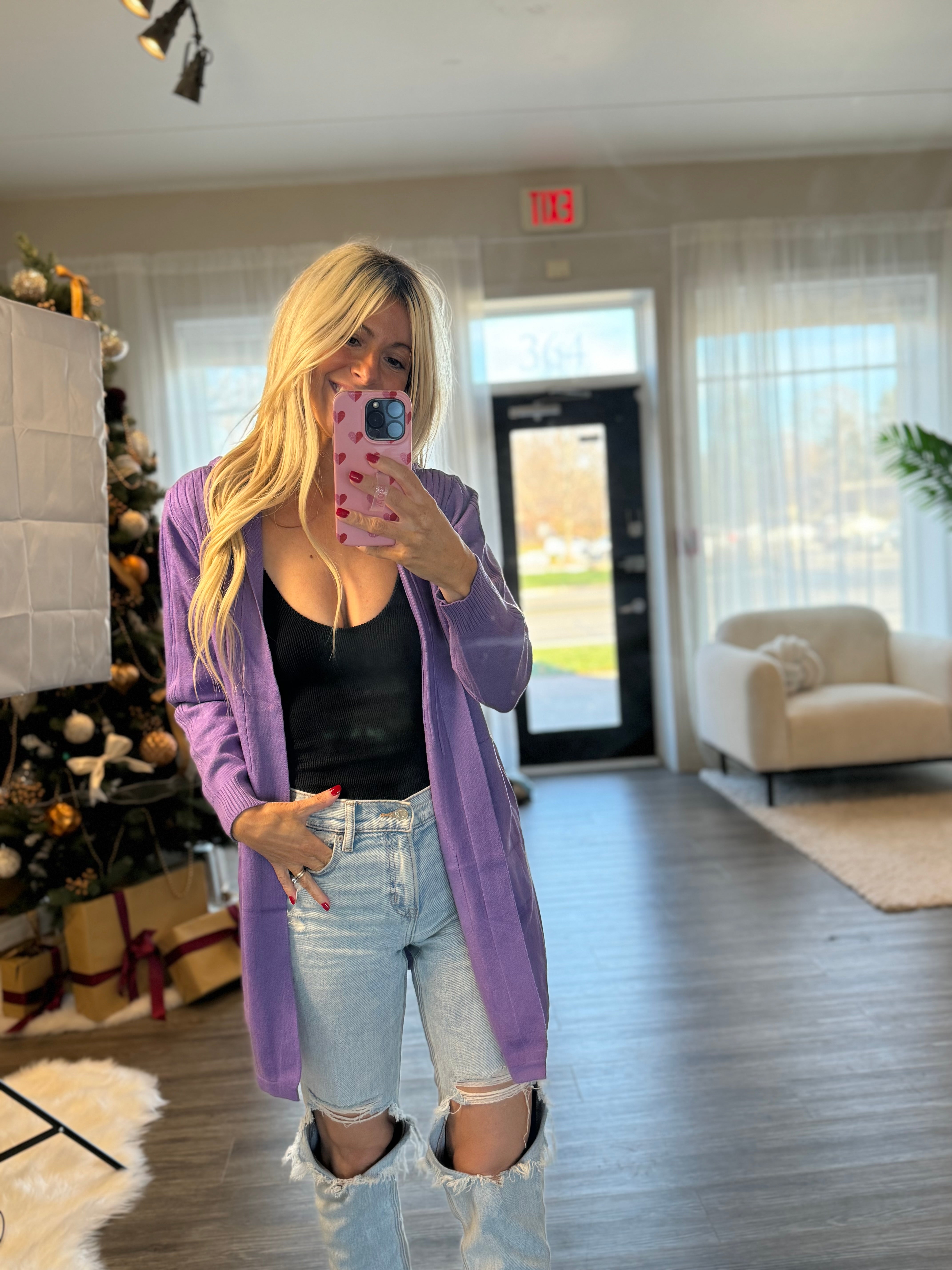 Bella Soft Hooded Knit Cardigan -Purple