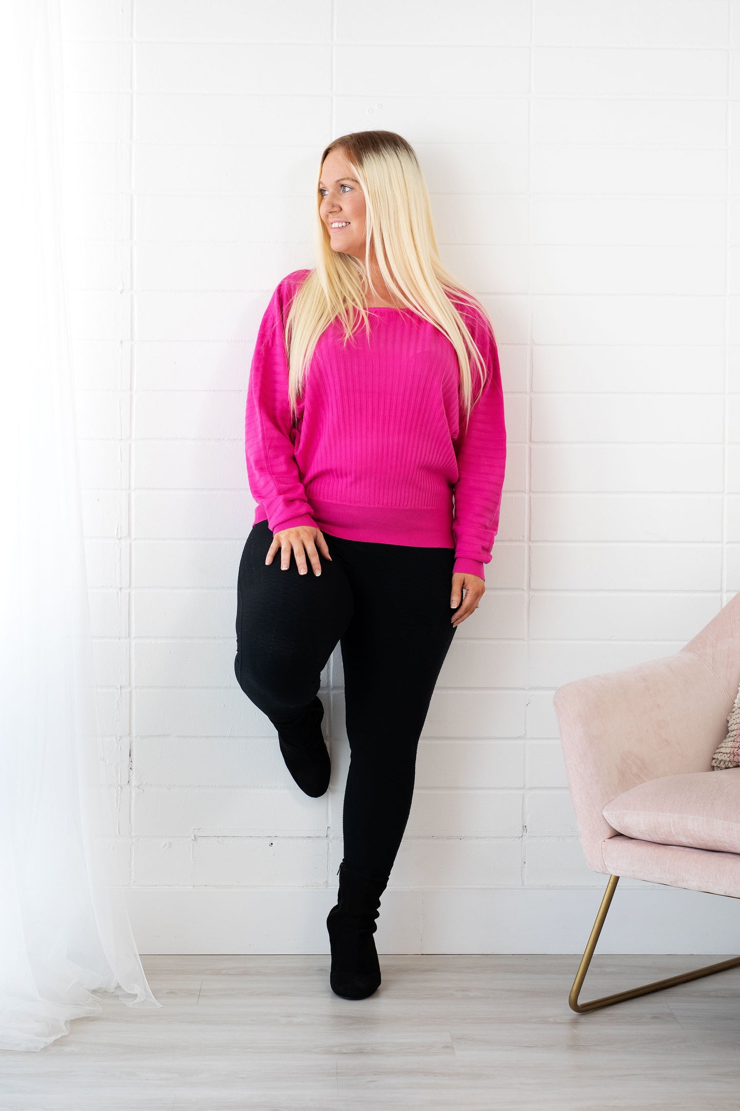 Hot Pink Boat Neck Ribbed Knit Sweater