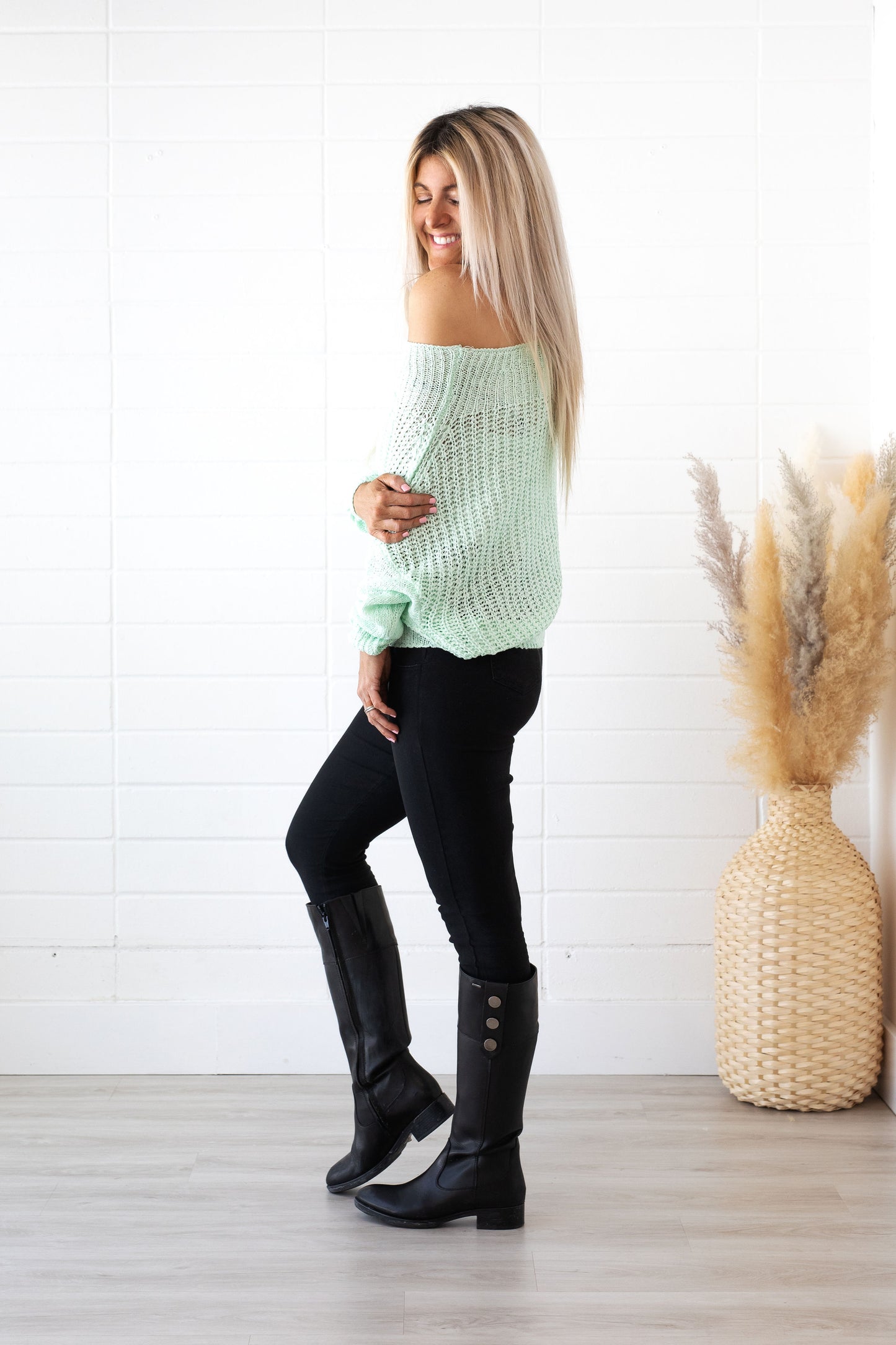 Off One Shoulder Long Sleeve Mint Sweater- Mark Down
