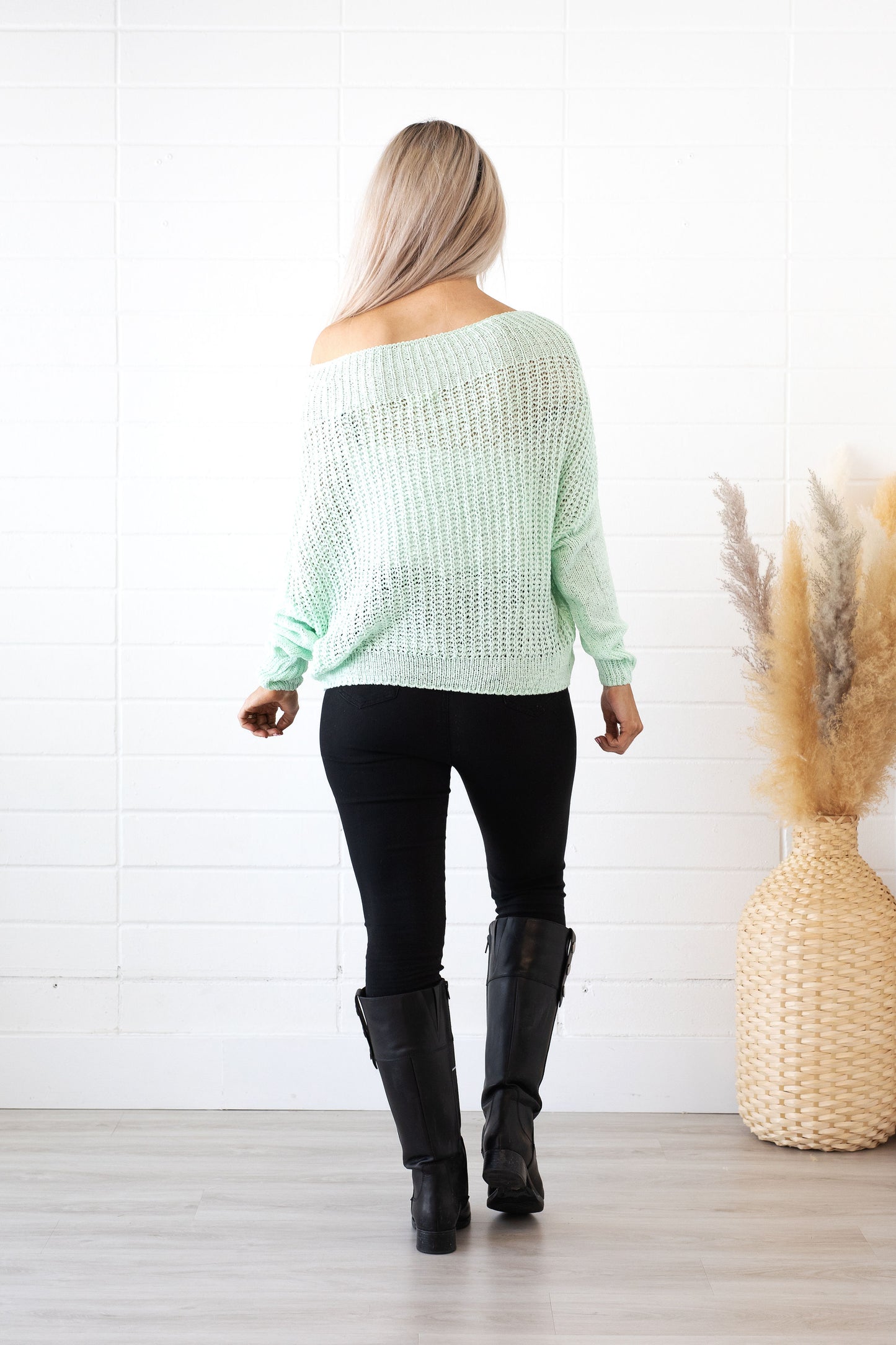 Off One Shoulder Long Sleeve Mint Sweater- Mark Down
