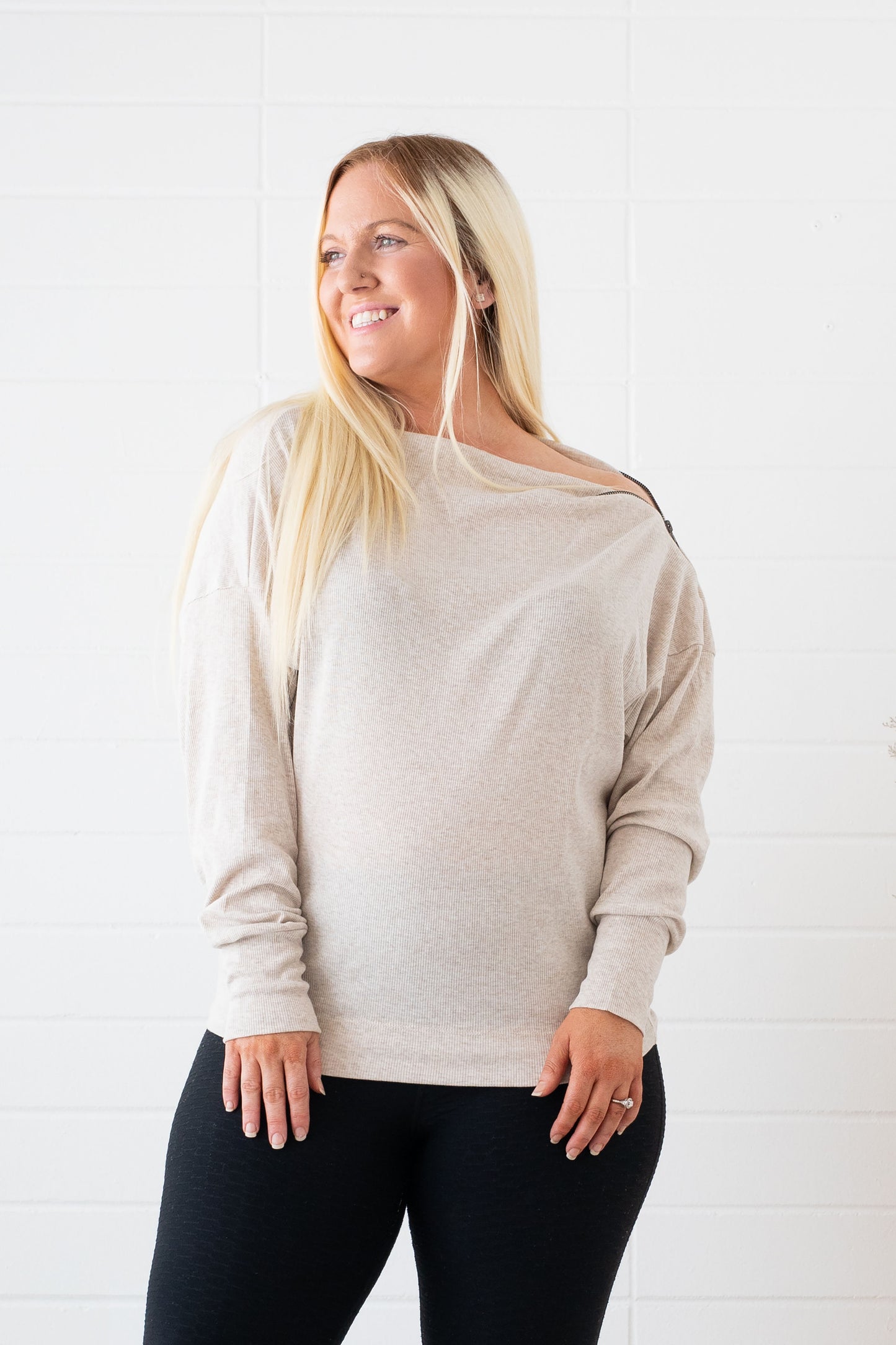Oatmeal Ribbed Side-Zip Knit Top