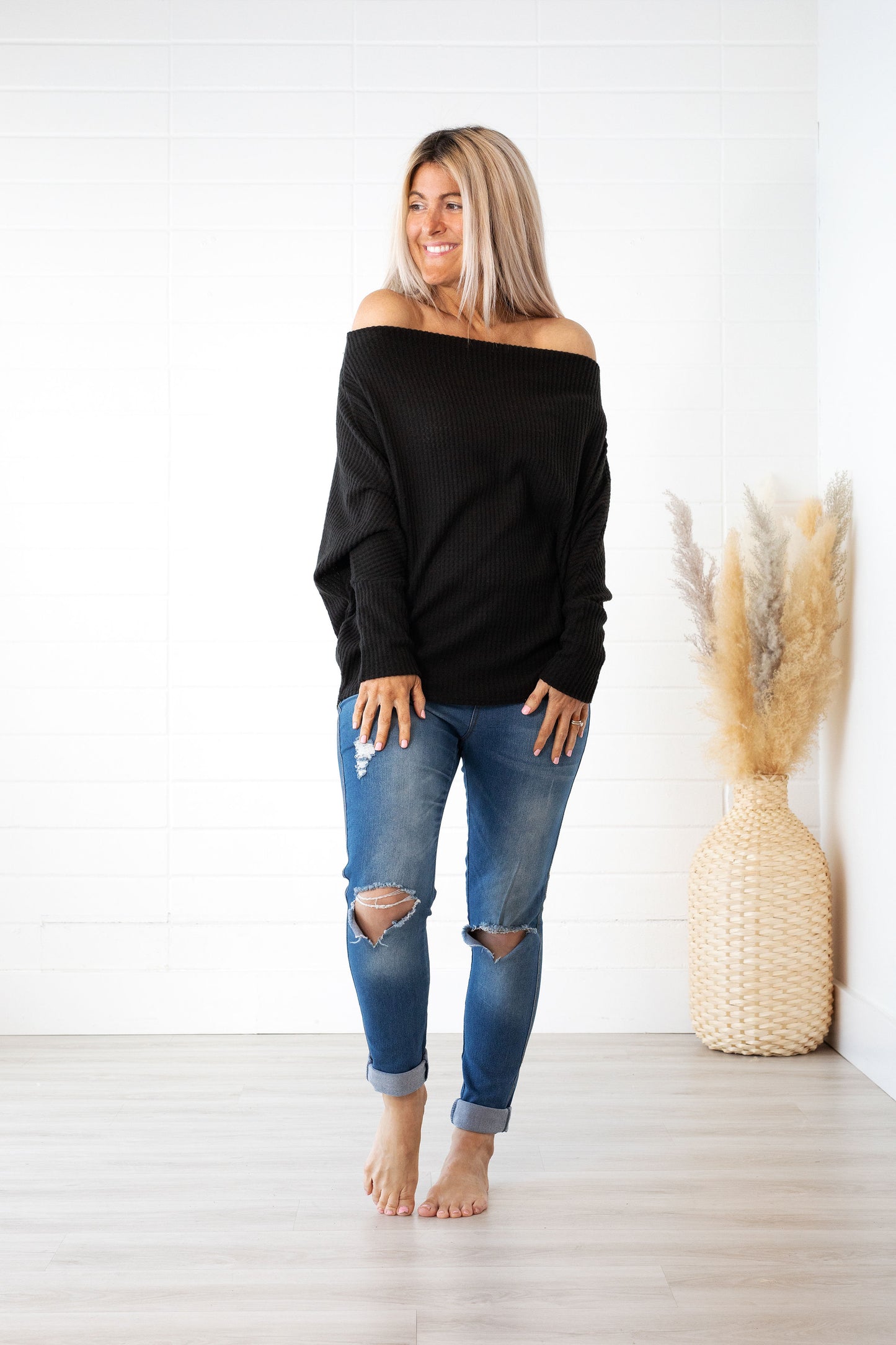 City Girl Off The Shoulder Waffle Top