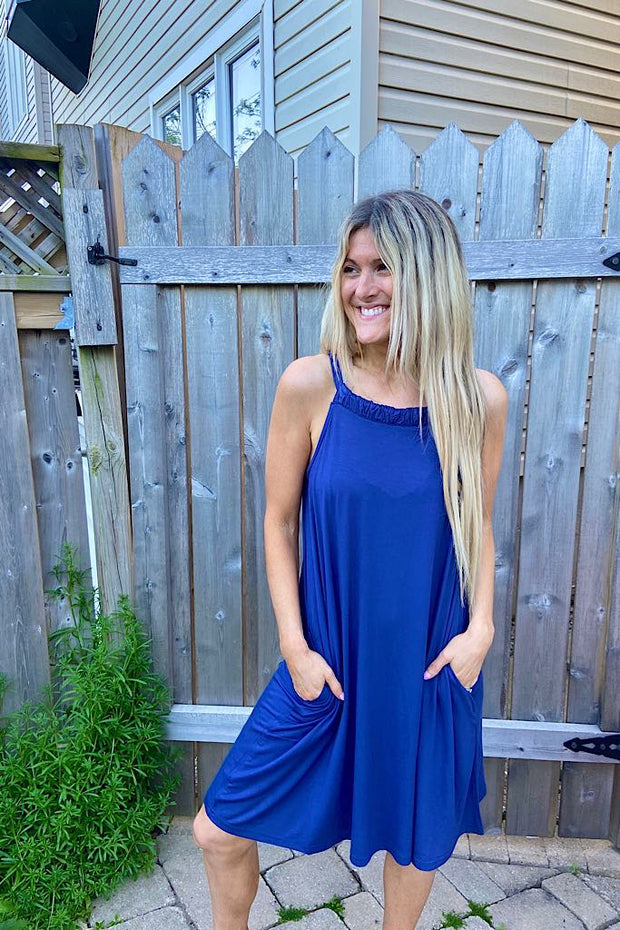 Cozy Navy Ruffle Neck Bamboo Dress