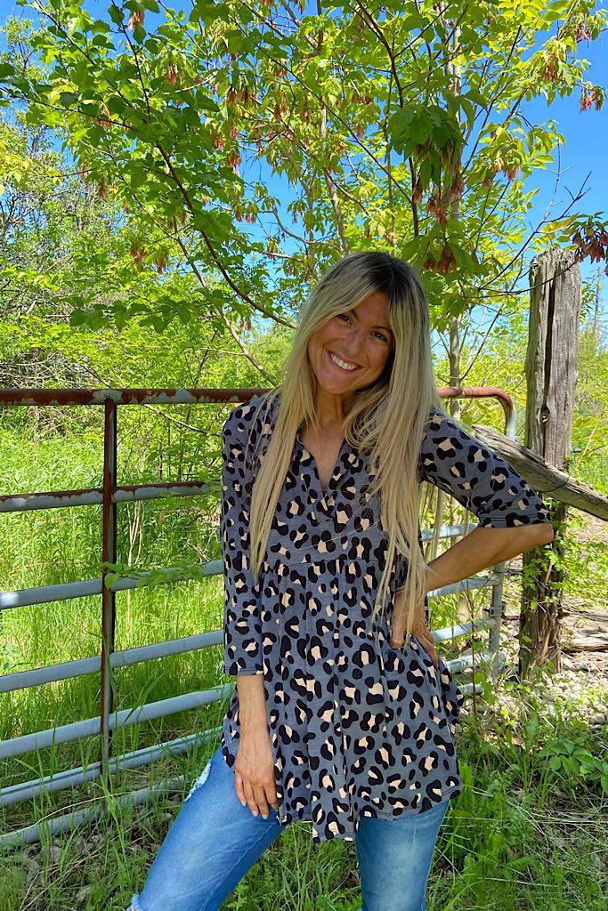 Crush Worthy Charcoal Animal Print Babydoll Top