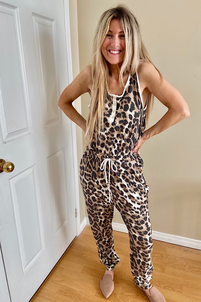 Leopard Henley Style Sleeveless Jumpsuit