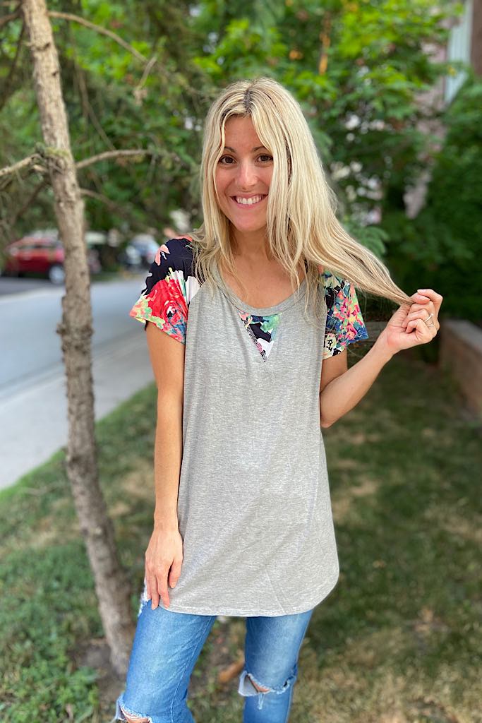 Grey Pop of Florals Top