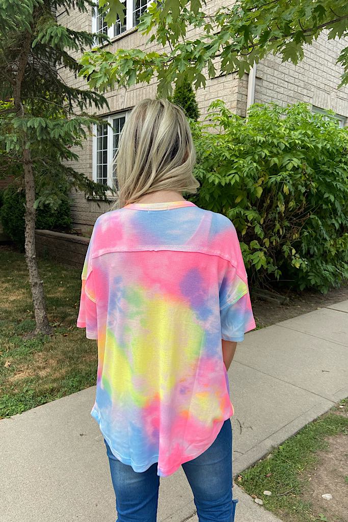 Vibrant Rainbow Henley Tie Dye Top