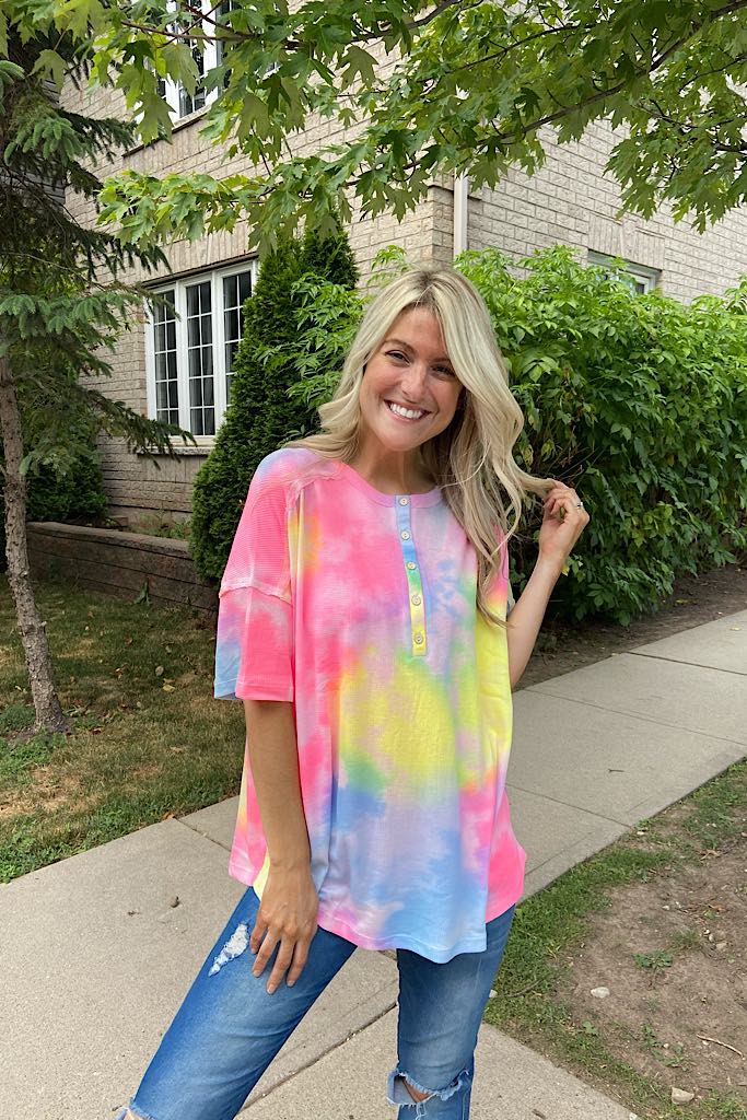 Vibrant Rainbow Henley Tie Dye Top