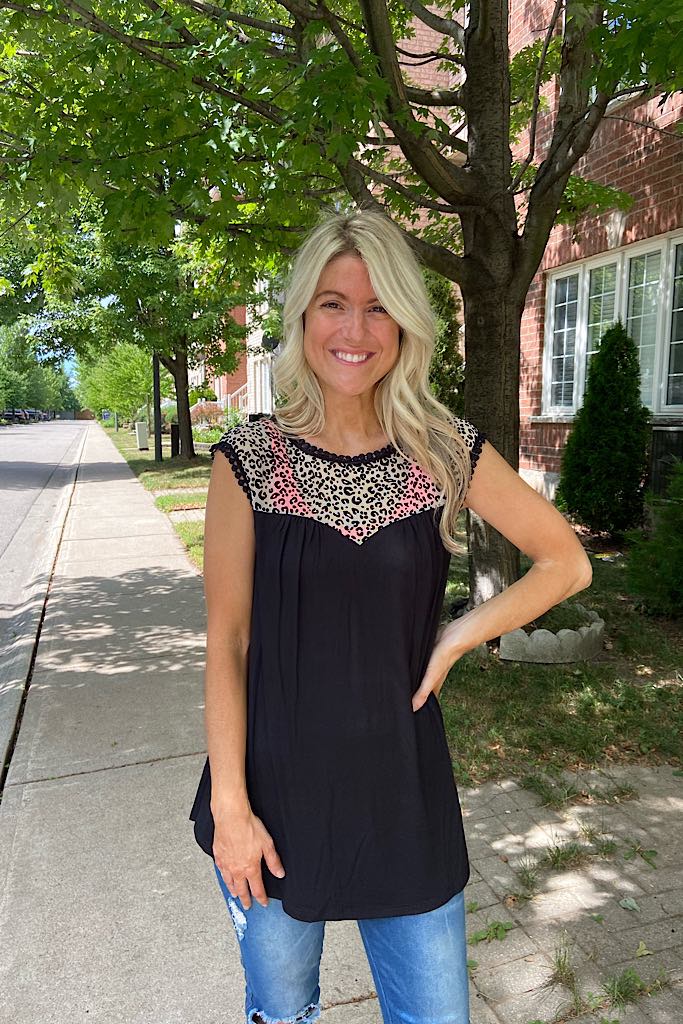 Animal Mesh Printed Contrast Swing Tunic Top