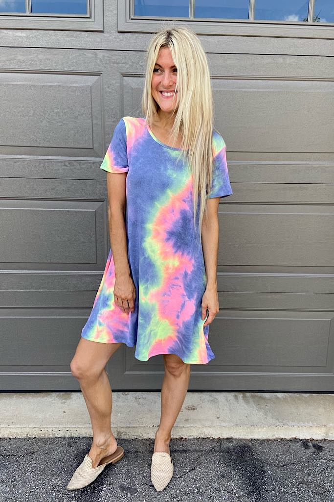 Tie Dye Casual French Terry Dresses- Purple Mix
