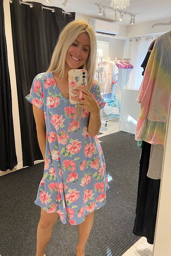 Baby Blue Aqua Mix Foral T- Shirt Dress