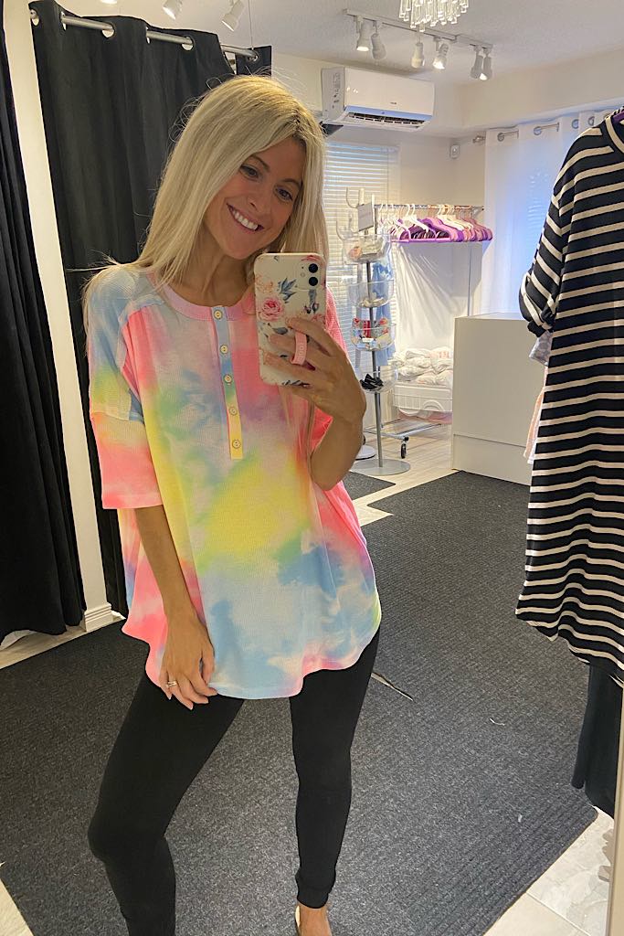 Vibrant Rainbow Henley Tie Dye Top