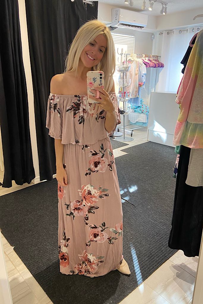 Beautiful Mauve Floral Off The Shoulder Maxi Dress