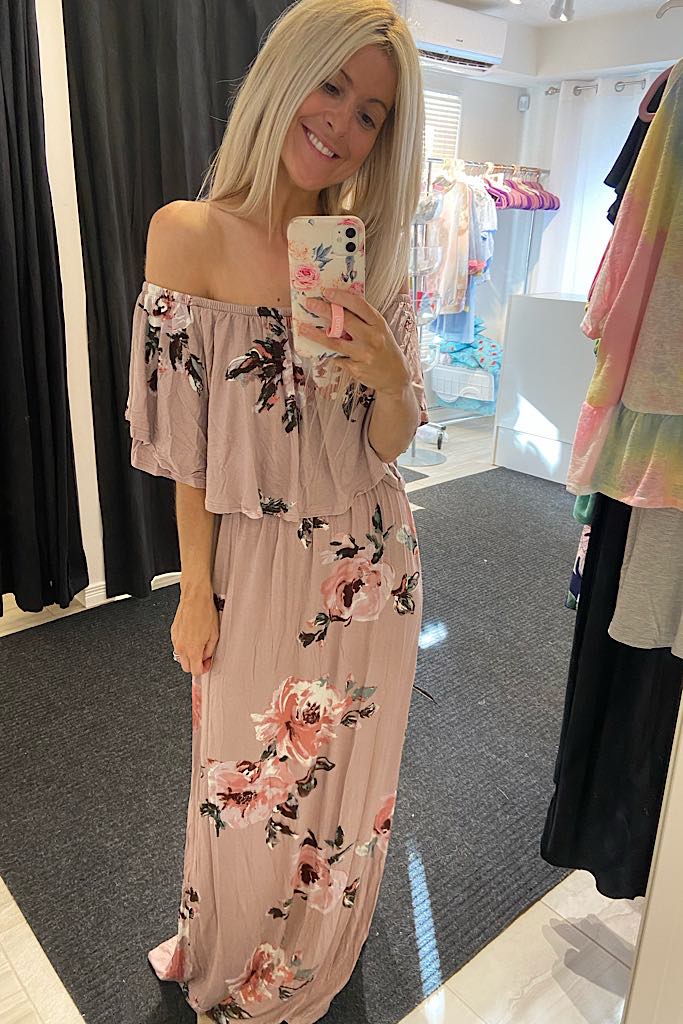 Beautiful Mauve Floral Off The Shoulder Maxi Dress