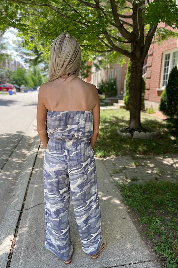 Grey Camo Print Mini Waffle Tube Jumpsuit