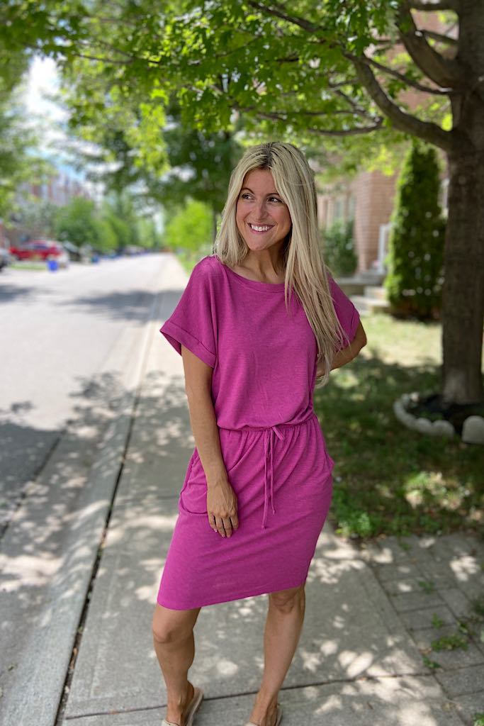Fuchsia Soft French Terry Drawstring Dress