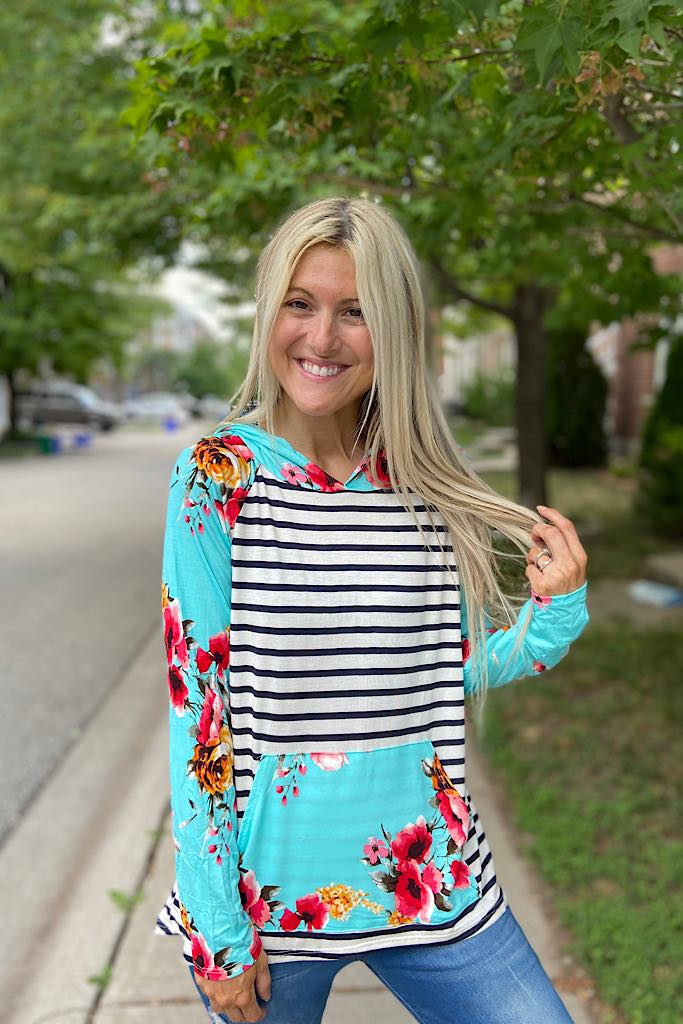 Aqua Floral Striped Mixed Oasis Hoodie Top