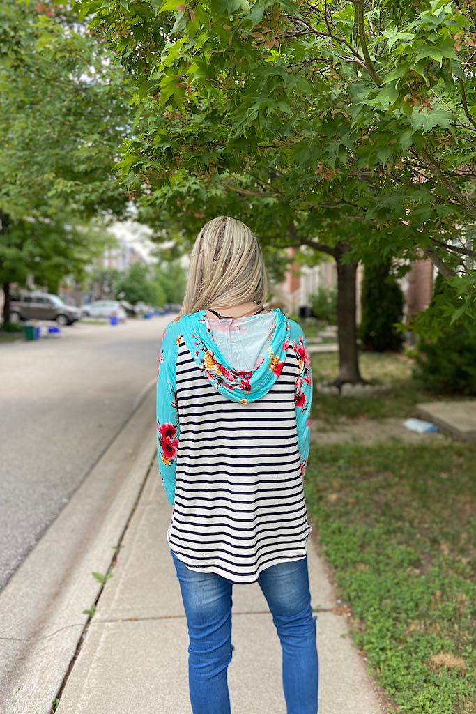 Aqua Floral Striped Mixed Oasis Hoodie Top