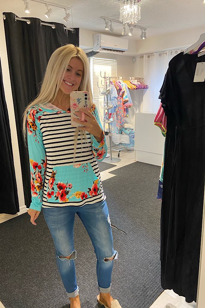 Aqua Floral Striped Mixed Oasis Hoodie Top