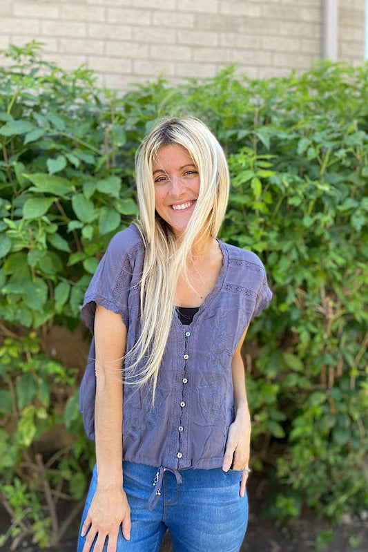 Chic Charcoal Boho Embroidered Blouse