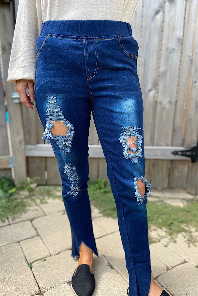 Take A Second Look Dark Distressed Denim Jeggings