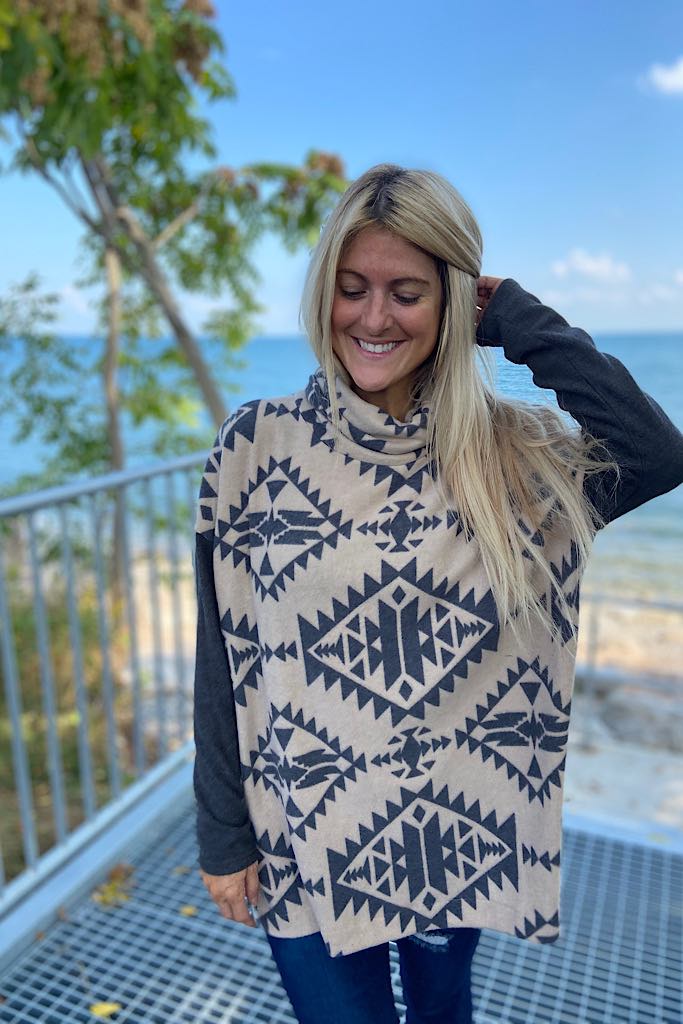 Soft Brushed Aztec Fever Cowl Neck Top