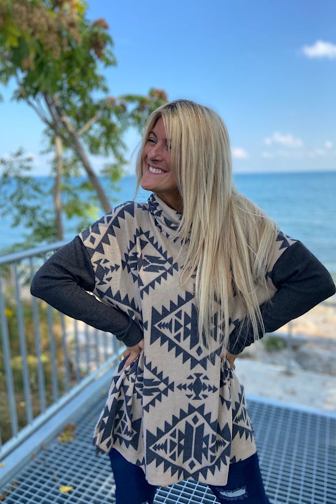Soft Brushed Aztec Fever Cowl Neck Top