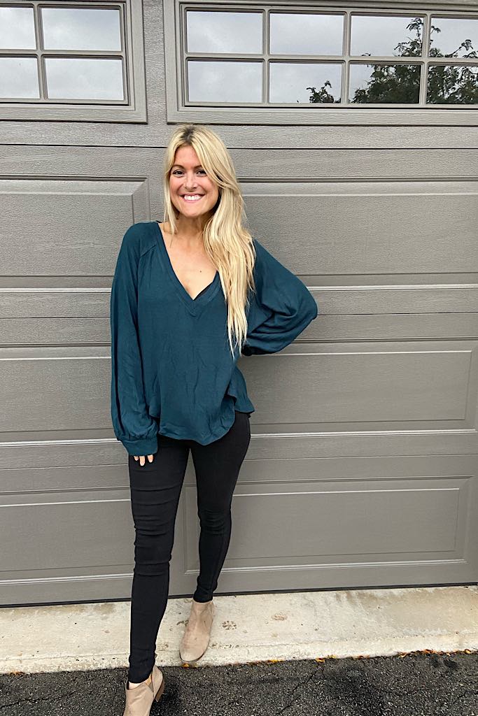 Elite Teal V Neck Hacci Knit Top