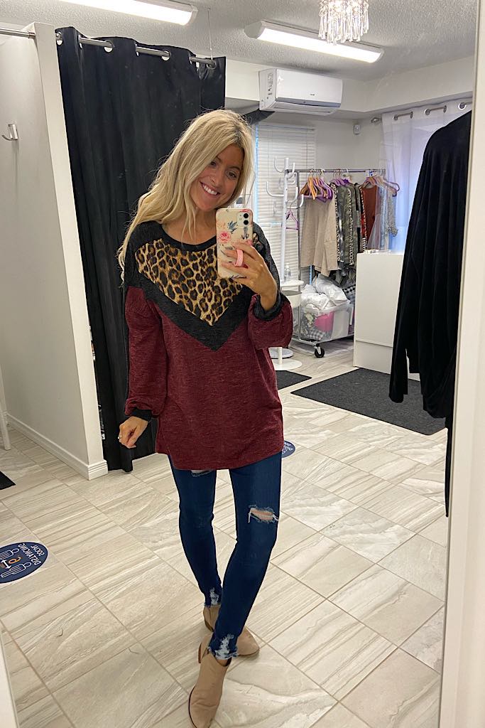 Burgundy Animal Print Colour Block Top