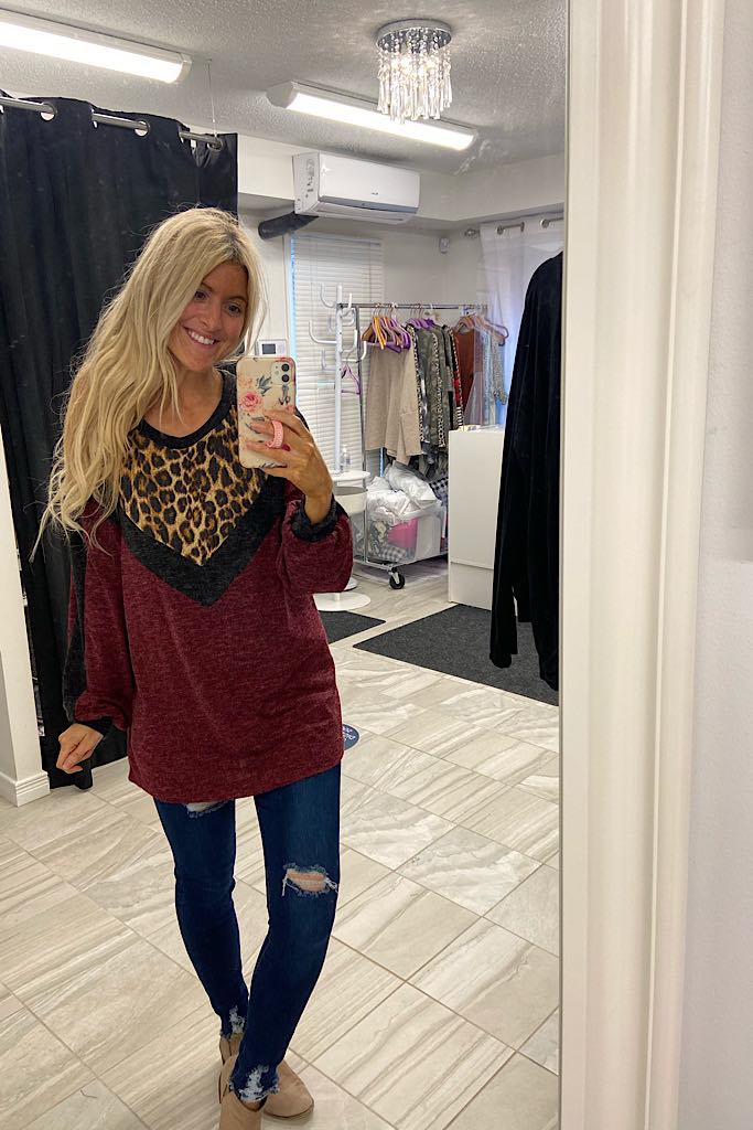 Burgundy Animal Print Colour Block Top