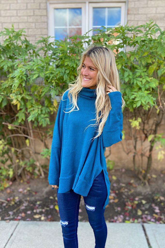 Teal Waffle Brushed Turtleneck Top