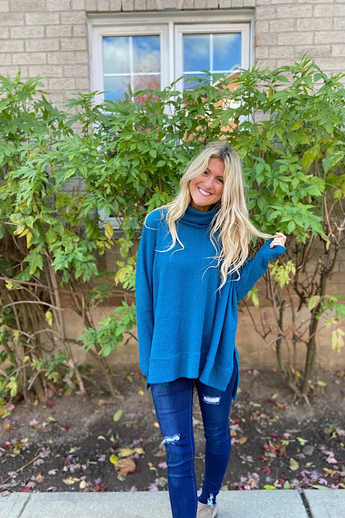 Teal Waffle Brushed Turtleneck Top