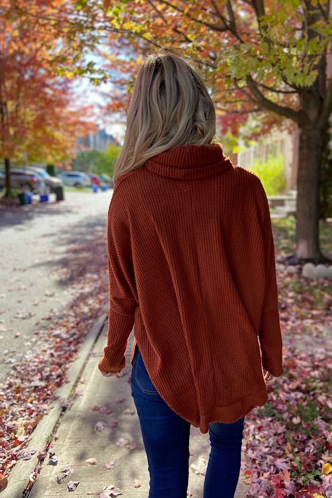 Rust Waffle Brushed Turtleneck Top
